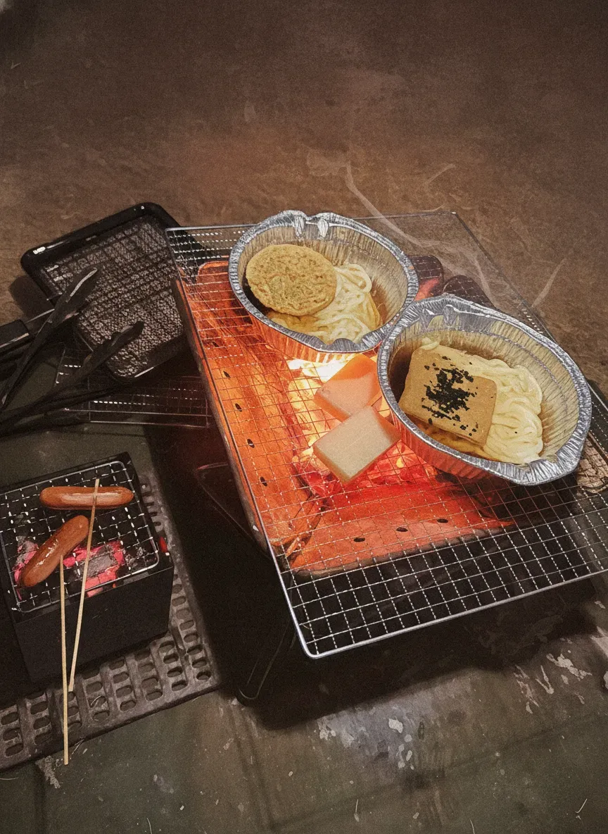 鍋焼きうどん、餅、ソーセージを焚き火で調理中