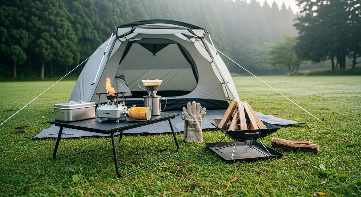 テント、焚き火台、バーナー、テーブルなどキャンプ道具一式を地面に並べた様子