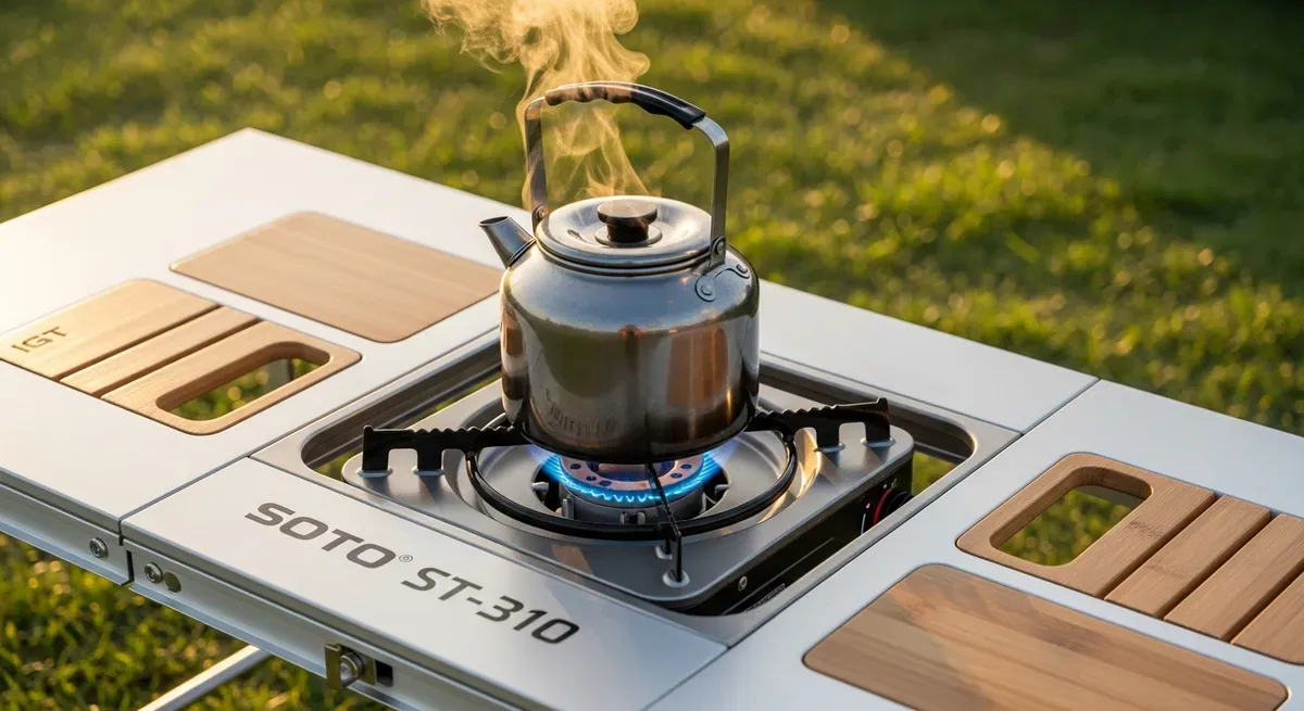 IGTテーブルに組み込んだSOTO ST-310でお湯を沸かしている様子